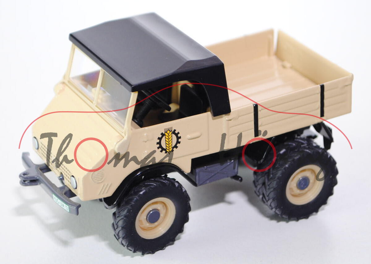 00301 Unimog U 411 mit Zwillingsreifen hinten Lohnunternehmen, beige, Dach schwarz, Chassis schiefer