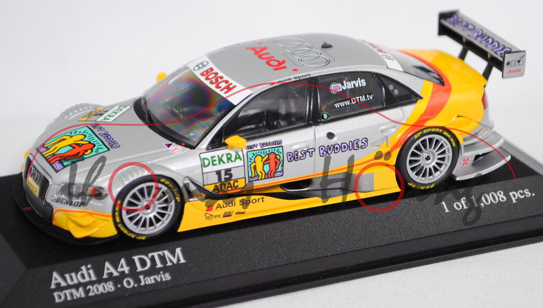 Audi A4 DTM 2007 (B7, Typ 8EC / R13), silber/gelb, DTM 2008, Oliver Jarvis, Nr. 15, Minichamps, 1:43