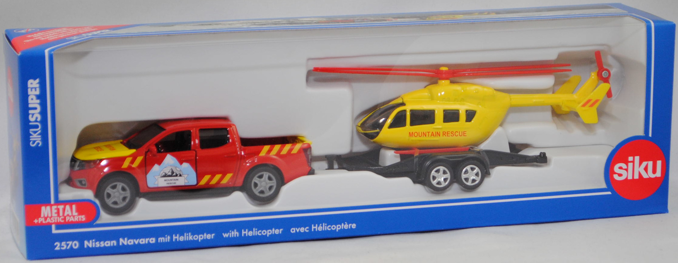 00000 NISSAN NAVARA Double Cab 4x4 (Modell 2014-2020) mit Autotransporter und Eurocopter EC 145 (Modell 2002-2014), rot/gelb, MOUNTAIN / RESCUE, SIKU SUPER 1:50, L17mpK