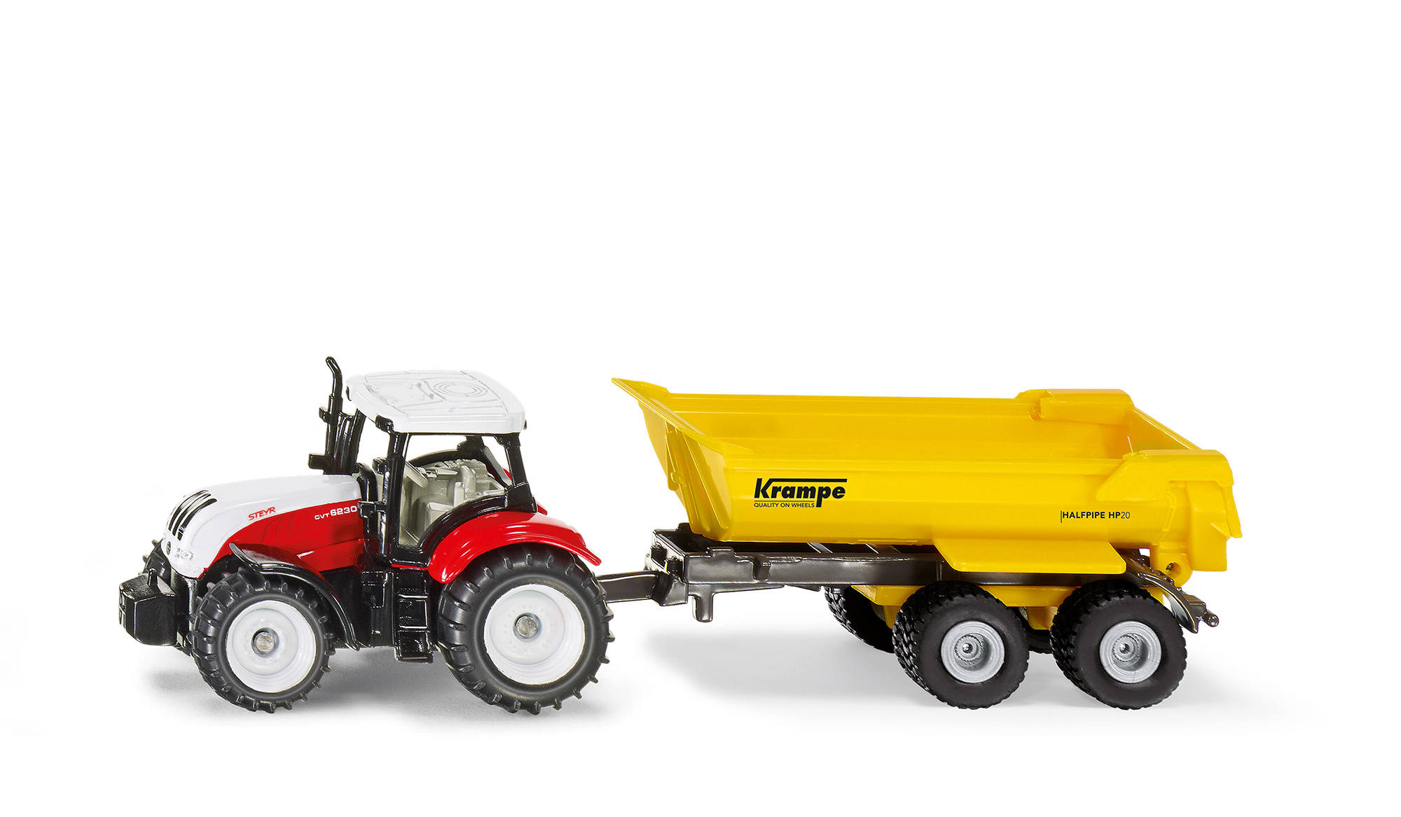 00000 Steyr 6230 CVT ecotech (5. Generation, Modell 2011-2015) mit Krampe Halfpipe Tandem Erdbaukipper HP 20 (Modell 1999-), weiß/rot und gelb/grau, SIKU SUPER, P29f