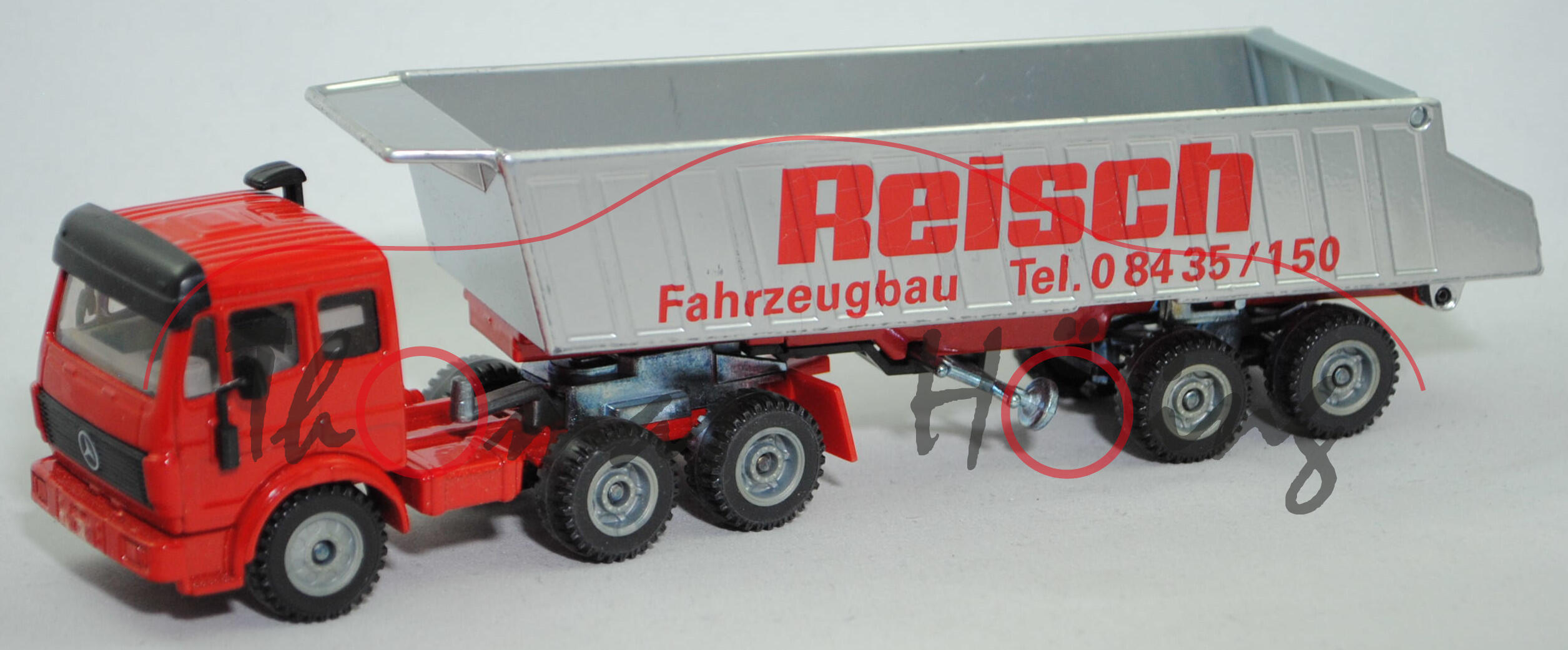 Mercedes-Benz SK 2629 (Modell 1989-1994) Sattelkipper, rot/weißalu, REISCH / Fahrzeugbau, Druck m-, SIKU, 1:55, L11a