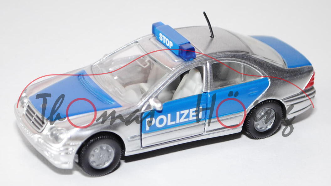 Mercedes C 320 (Baureihe W 203) Peterwagen, Modell 2000-2004, chromsilber/blau, POLIZEI, mit Blaulic