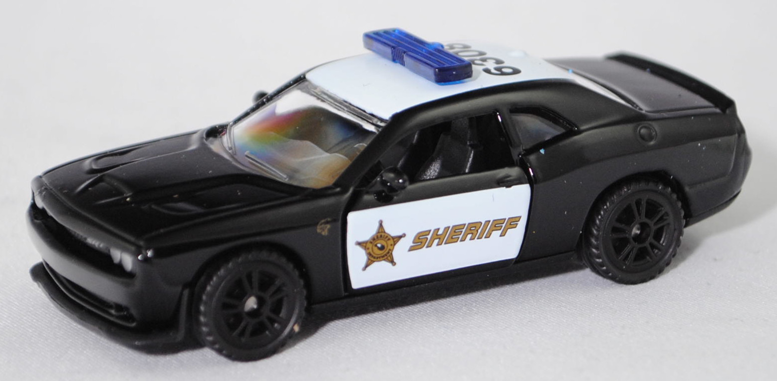 00000 Dodge Challenger SRT Hellcat (3. Generation, Facelift 2014, Modell 2014-2018) County Sheriff, schwarz, Sheriff-Stern und SHERIFF, SIKU SUPER, 1:63, P29f