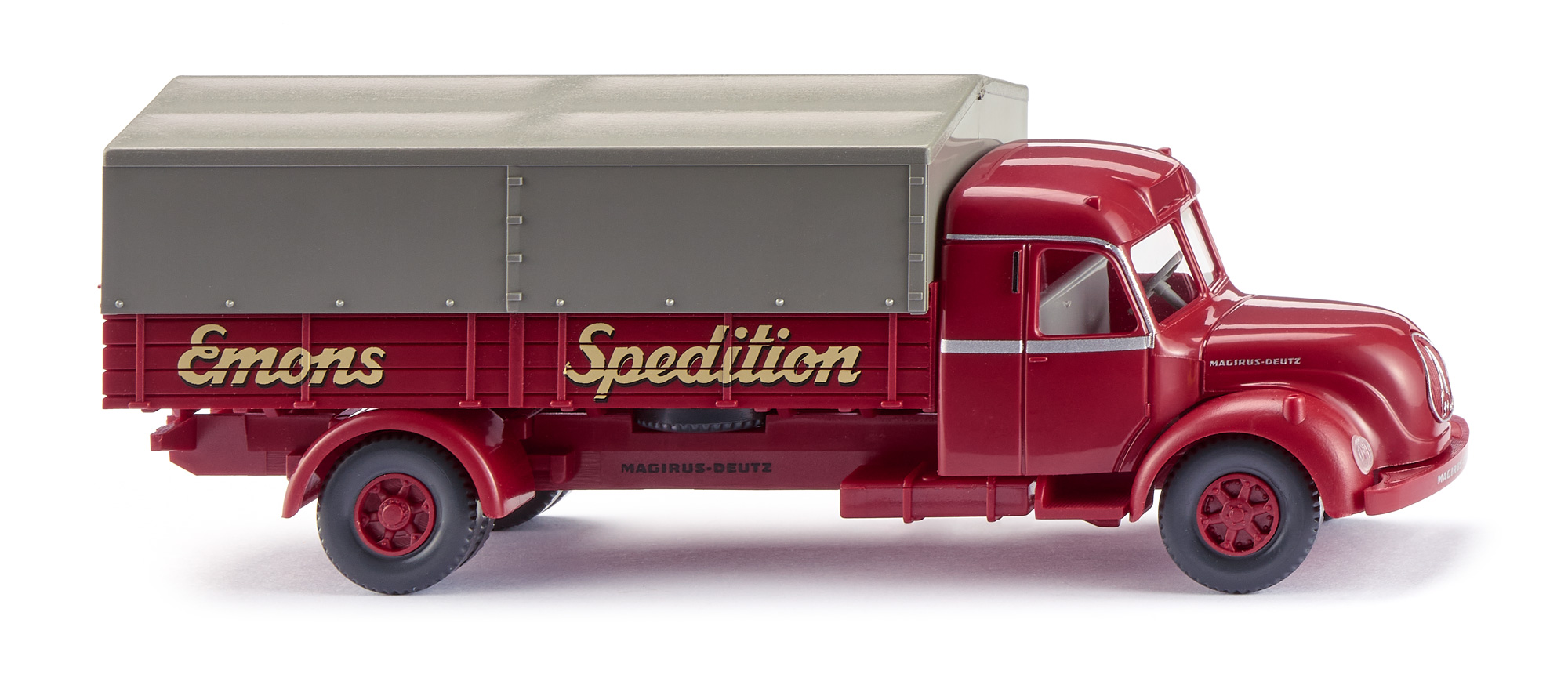 Magirus-Deutz S 7500-Jupiter (Modell 1955-1957) Pritschen-LKW, purpurrot, Emons Spedition, Verdeck moosgrau, Wiking, 1:87, mb