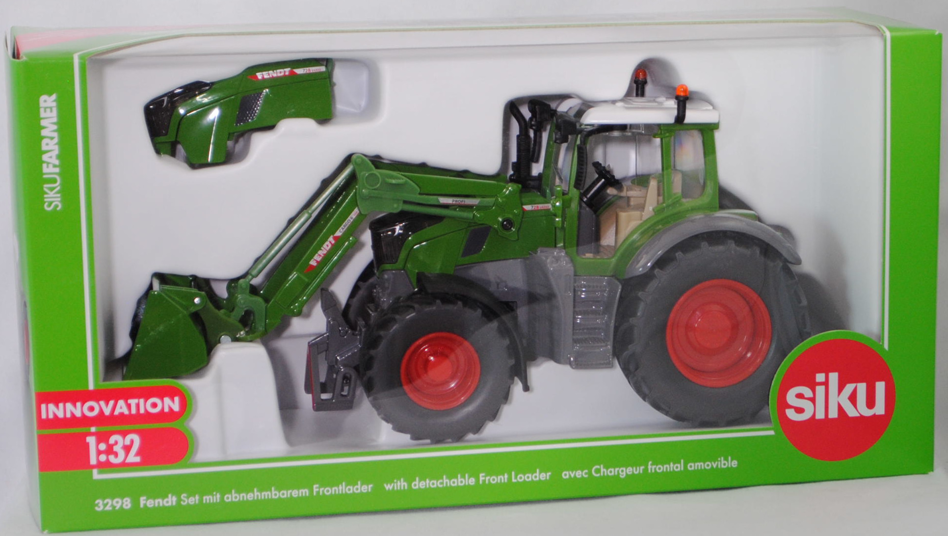00000 Fendt 728 Vario Gen7 (7. Generation, Modell 2023-) mit abnehmbarem Frontlader, reinweiß/hell-grasgrün/hell-basaltgrau/mattschwarz, SIKU FARMER 1:32, L17mpK