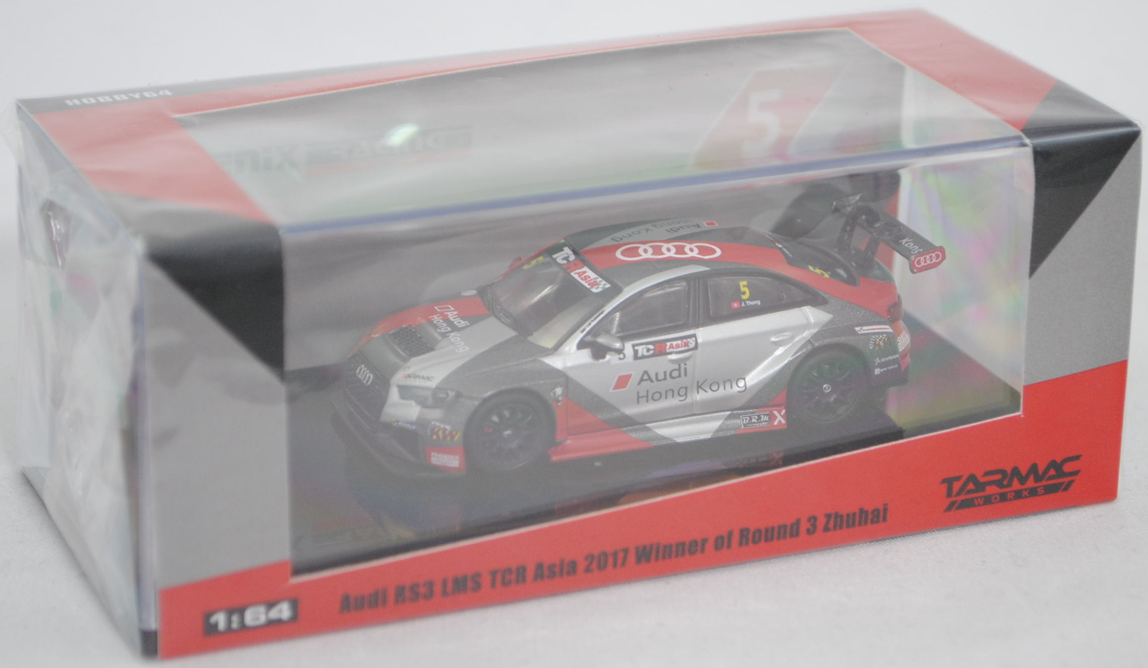 Audi RS3 LMS TCR, silber/grau/rot, TCR Asia Series 2017, Jasper Thong, Nr. 5, TARMAC WORKS, 1:64, mb