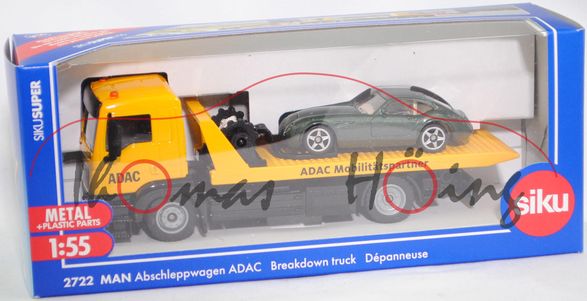 00002 MAN TGS 26.320 (Modell 2013-2017) Abschleppwagen mit Wiesmann GT MF4 (Modell 2005-2010), gelb, Sicke durchgehend und breiter, ADAC, Ladegut: grünmetallic, SIKU, L17mpP