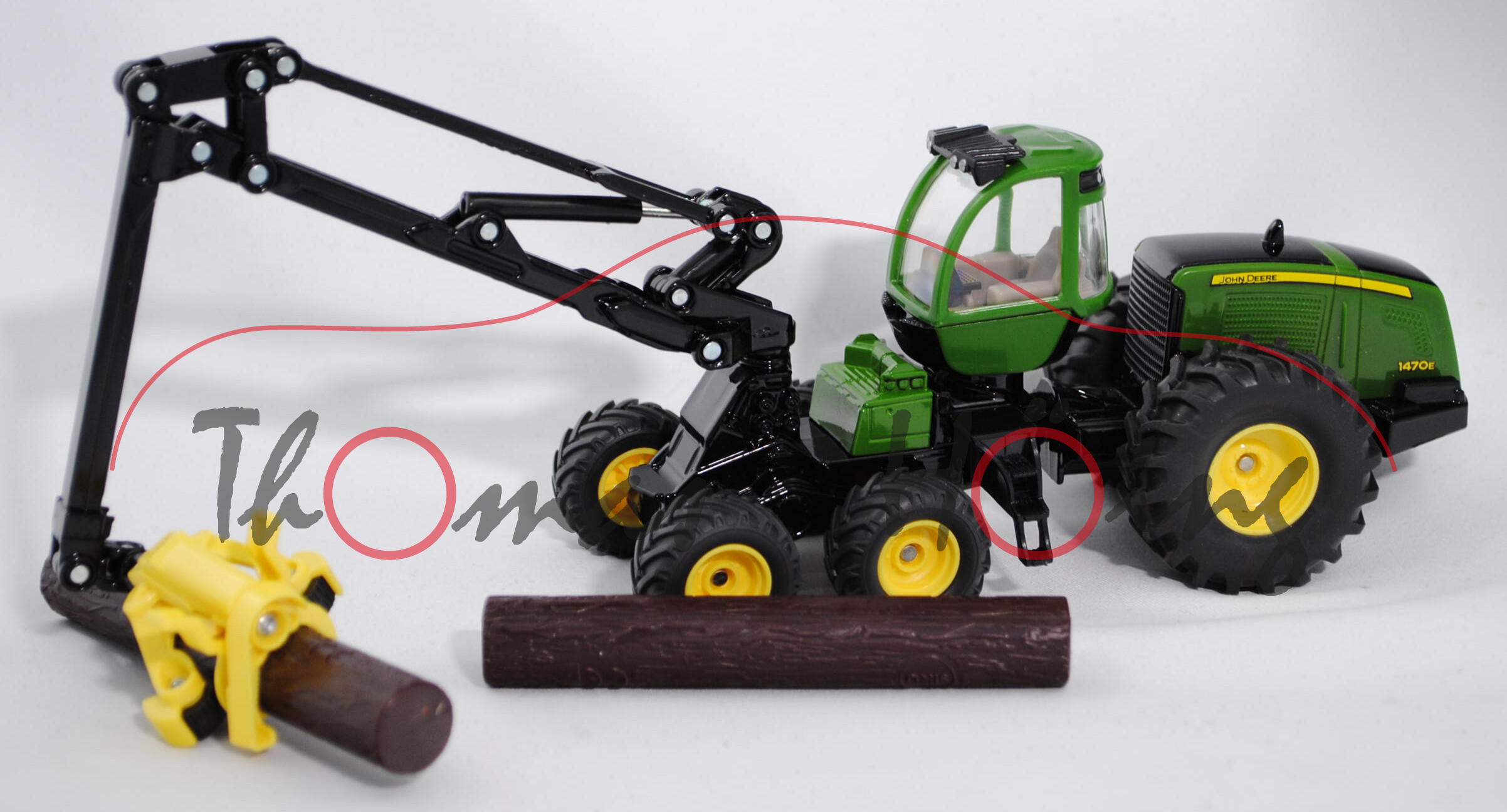 John Deere Harvester 1470E, smaradgrün/zinkgelb/schwarz, Zubehör: 2 schokoladenbraune Baumstämme, 1: