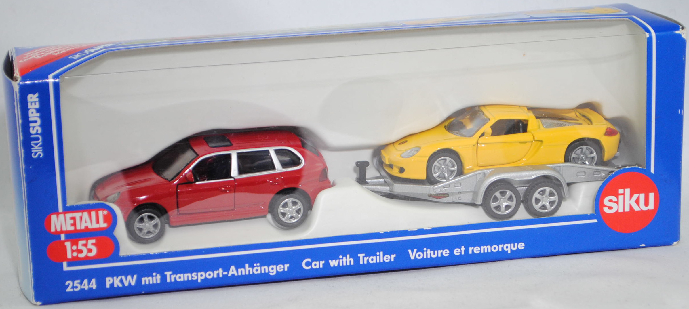 00001 Porsche Cayenne Turbo mit BÖCKMANN Autotransporter und Porsche Carrera GT, signalrot, Sicke in Höhe Heckleuchten, SIKU, 1:55, L17mK