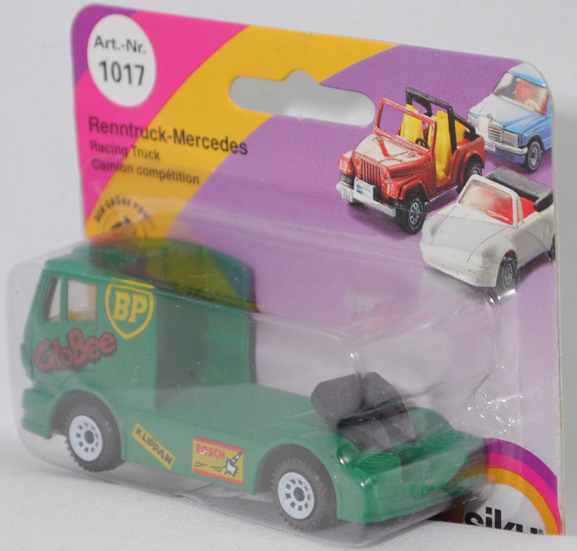 00002 Mercedes-Benz 1450 S (Modell 1989-1993) Renntruck (Truck-Racing-Europameisterschaft, Klasse C), türkisgrün, GloBee / BP / KLIPPAN / BOSCH, C1 reinweiß, SIKU SUPER, 1:83, P23