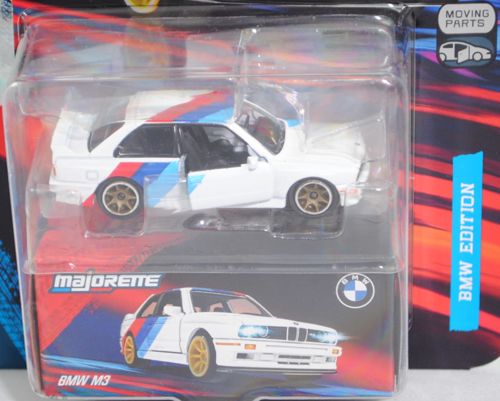 BMW M3 Sport Evolution (E30, auch Evolution II genannt, Modell 1990-1990), alpinweiß uni, Zierstreifen in BMW Motorsport-Farben, majorette, 1:58, Blister (BMW EDITION DELUXE CARS)