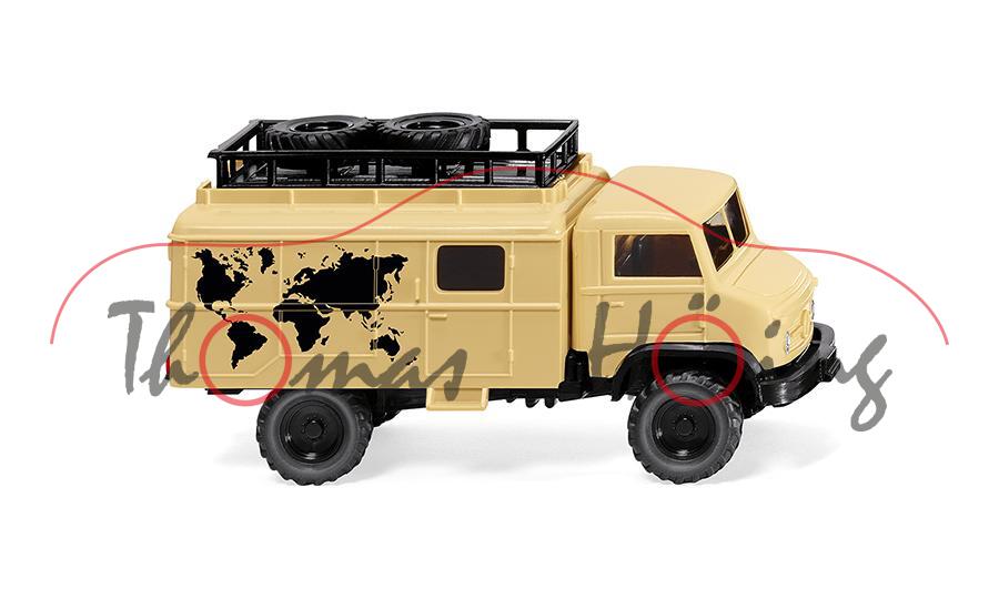Unimog S (BR 404, Mod. 55-80) Weltenbummler, beige, Weltkarte auf den Seiten, Wiking, 1:87, mb