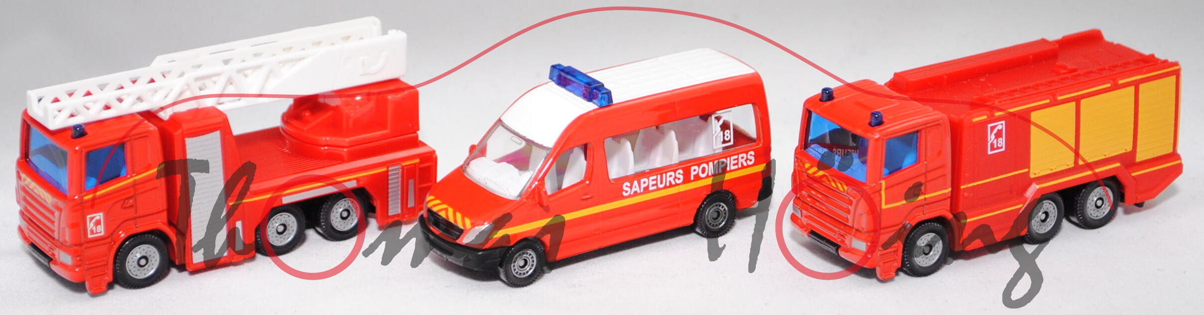 00101 F Fire Brigade Set: 2x Scania R380 + Mercedes-Benz Sprinter Kleinbus, SAPEURS POMPIERS, P29e