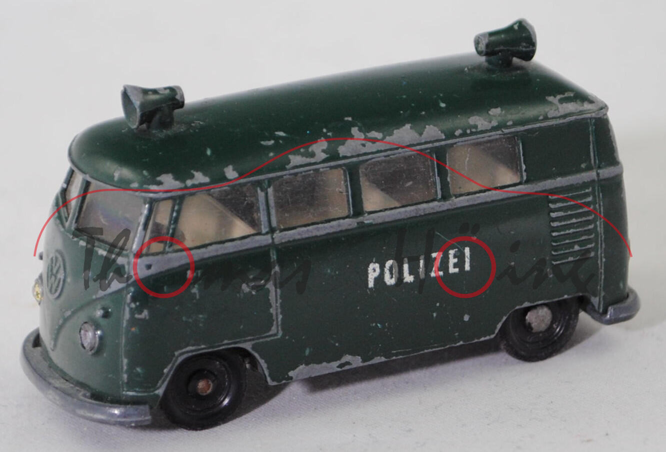 00000 VW Transporter Kombi 1200 (Typ 2 T1, Modell 1961-1962) Polizei-Lautsprecherwagen, grün, innen weiß, Lenkrad schwarz, R1 mit gesilberter Radkappe, SIKU, 1:61, vsc