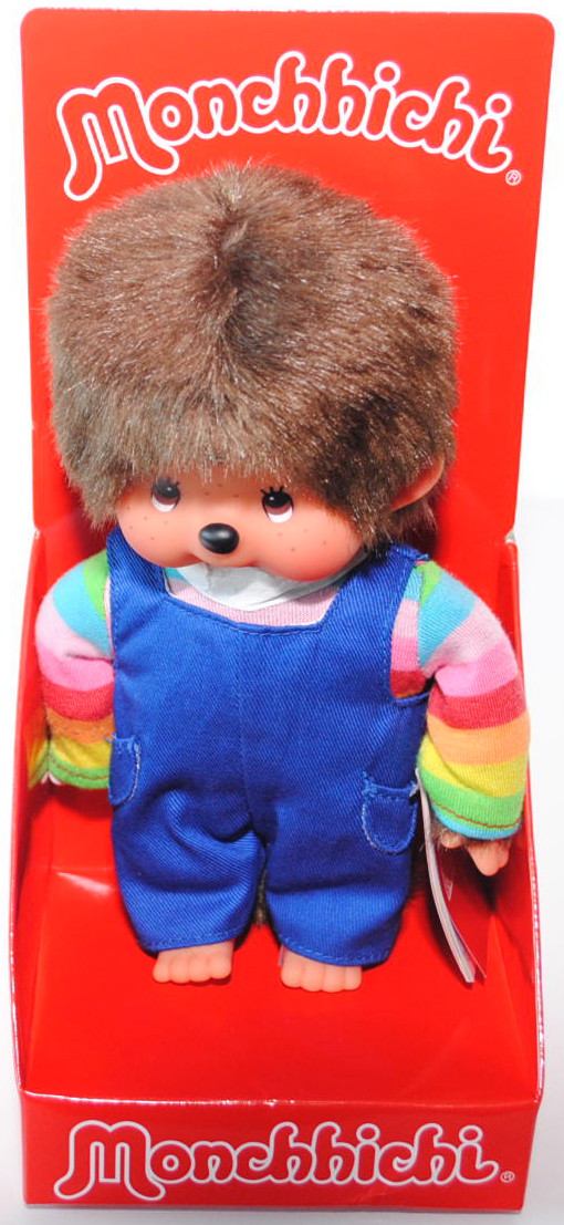 Monchhichi Rainbow Tee + Blue Overall Boy (Regenbogen Junge), 20 cm groß, Sekiguchi