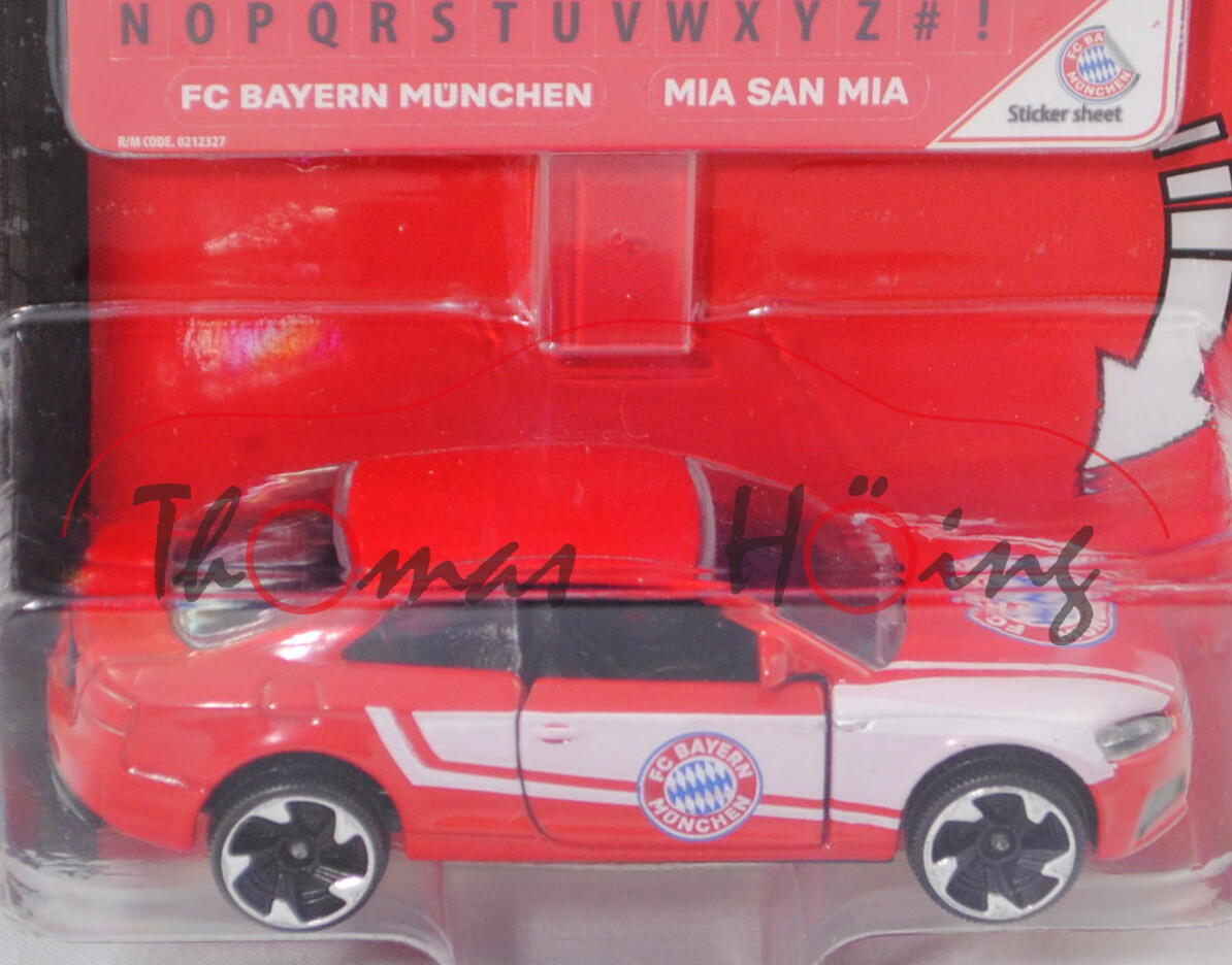 Audi S5 Coupé (Typ 9T / F5, Mod. 16-19), rot, Sticker 2 FC BAYERN MÜNCHEN, majorette, 1:64, Blister