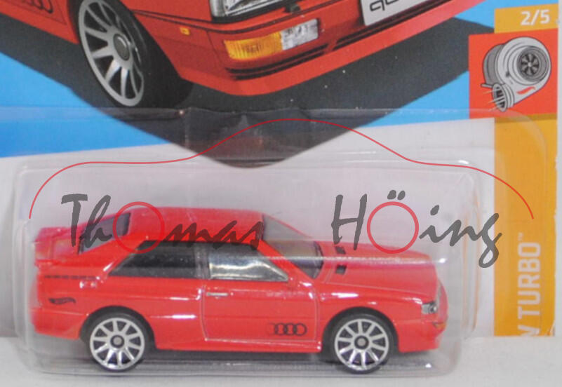 Audi quattro (interne Baureihenbezeichnung B2, Typ 85Q, Facelift 3, Modell 1987-1989), verkehrsrot (tornadorot, Y3D / LY3D), Hot Wheels, 1:64, langer Blister