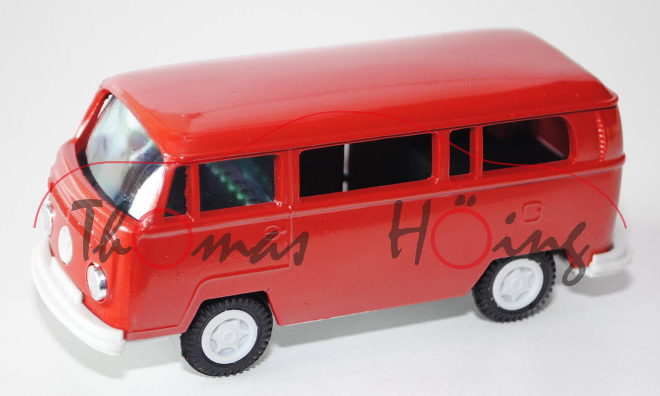 VW Transporter Bus (Typ T2b), Modell 1972-1979, feuerrot, Chassis reinweiß, Seitentür + Heckklappe z