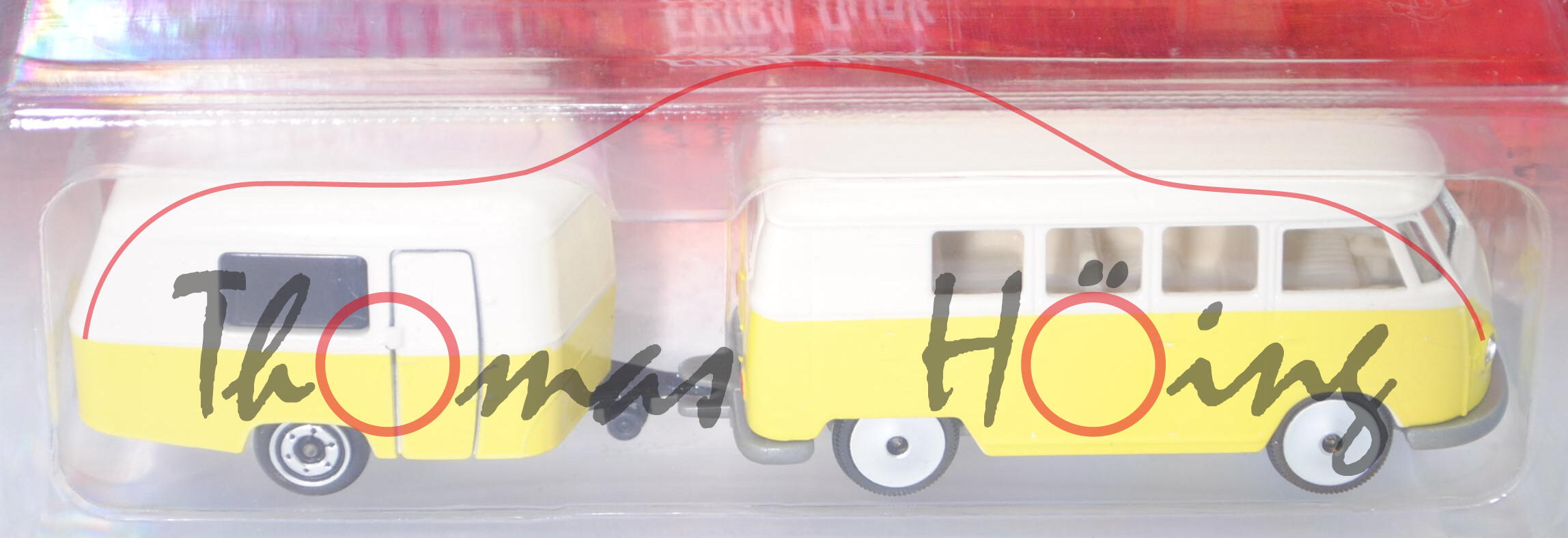 VW Transporter Kleinbus (Typ 2 T1, Mod. 60-63) (Nr. 243A) mit ERIBA-Wohnanhänger PUCK, weiß/gelb