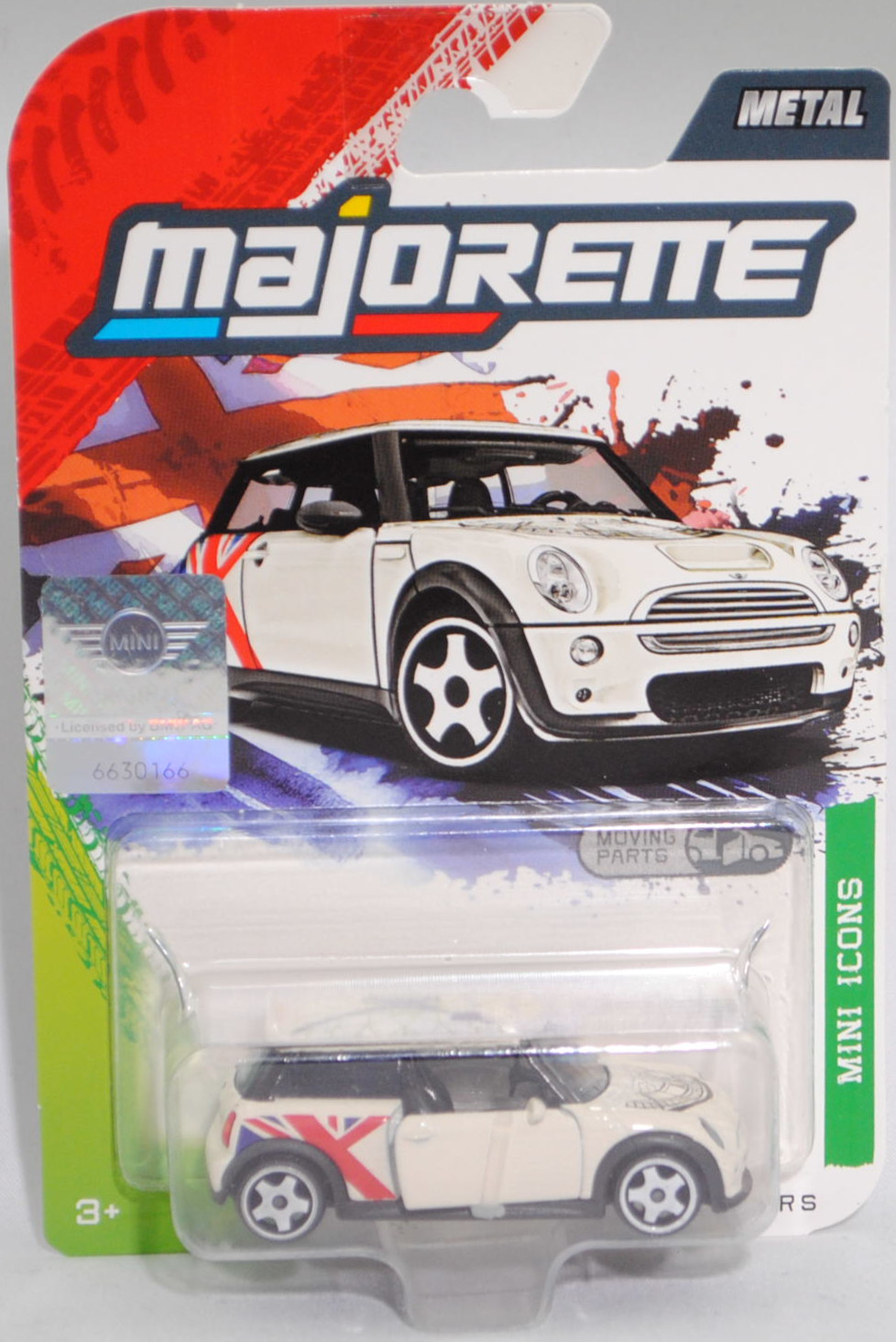 MINI Cooper S (R53, Vorfacelift, Modell 2002-2004) (Nr. 265D), Karosserie cremeweiß, Dach cremeweiß, Union Jack, majorette, 1:55, Blister (MINI ICONS PREMIUM CARS)