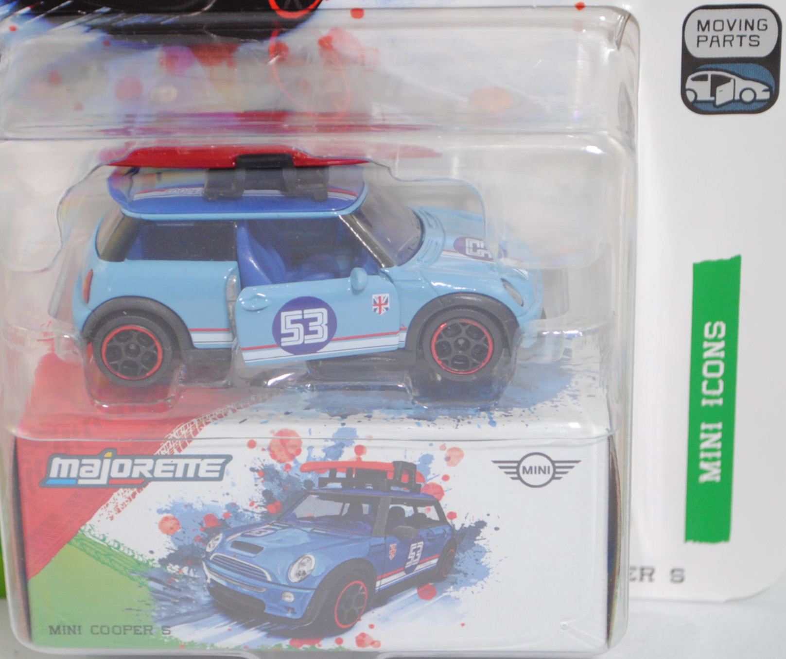MINI Cooper S (R53, Vorfacelift, Modell 2002-2004) mit Dachgepäckträger und Ladegut (Nr. 265D), hell-pastellblau/ultramarinblau, majorette, 1:55, Blister (MINI ICONS DELUXE CARS)