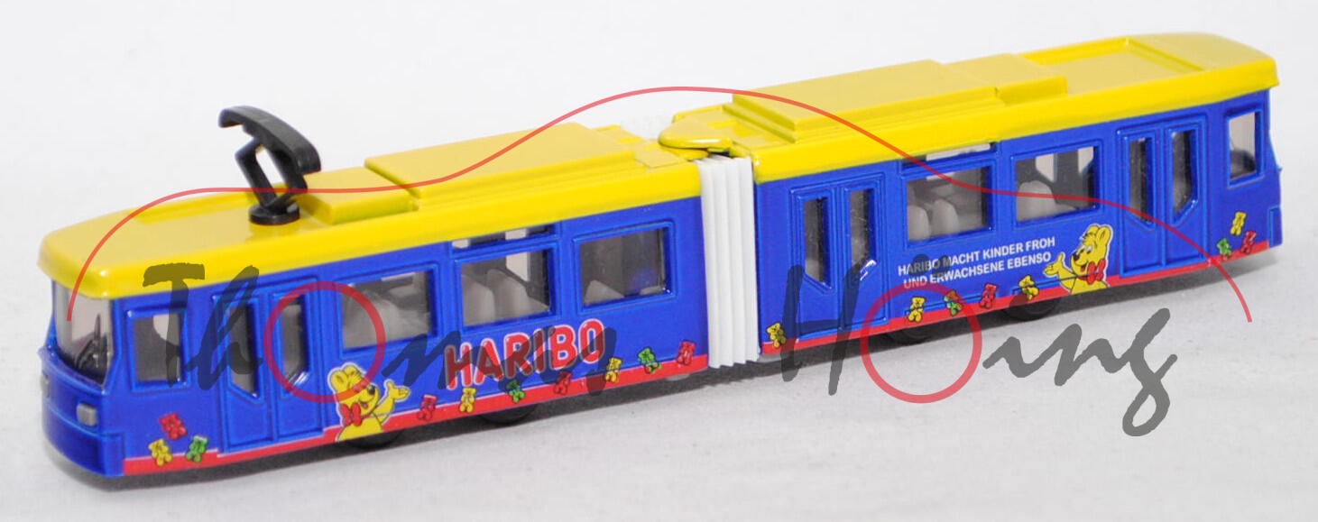 00007 ADtranz GT4N-ZR Niederflur-Straßenbahn (Modell 1997-2009), gelb/blau, HARIBO / HARIBO MACHT KINDER FROH / UND ERWACHSENE EBENSO, SIKU, 1:117