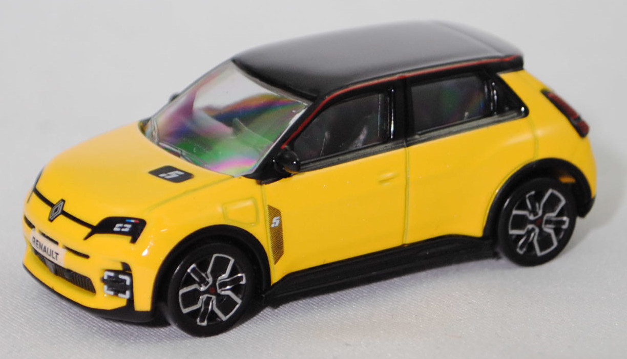 Renault 5 E-Tech Electric Iconic Five 150 Comfort Range (3. Generation, Modell 2024-), Karosserie pop yellow!, Dach black-pearl-schwarz, Dachlinie rot, innen schwarz, Norev, 1:64, mb