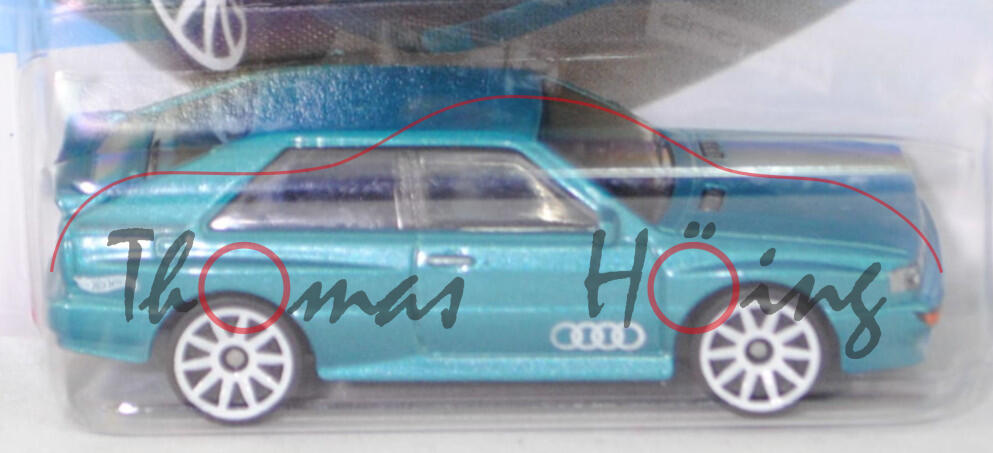 Audi quattro (Typ 85Q, Facelift 3, Modell 1987-1989), dunkel-wasserblaumetallic, Hot Wheels, 1:64, Blister (FACTORY FRESH)