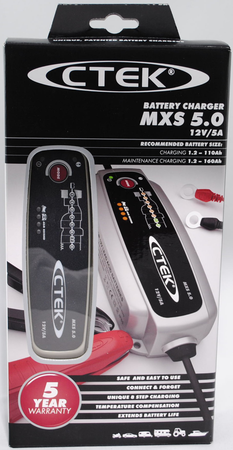 MXS 5.0 CTEK® Hochfrequenzladegerät 12V, 5A mit Ladezustandsanzeige, incl. 2 Anschlusskabel und 1 Au