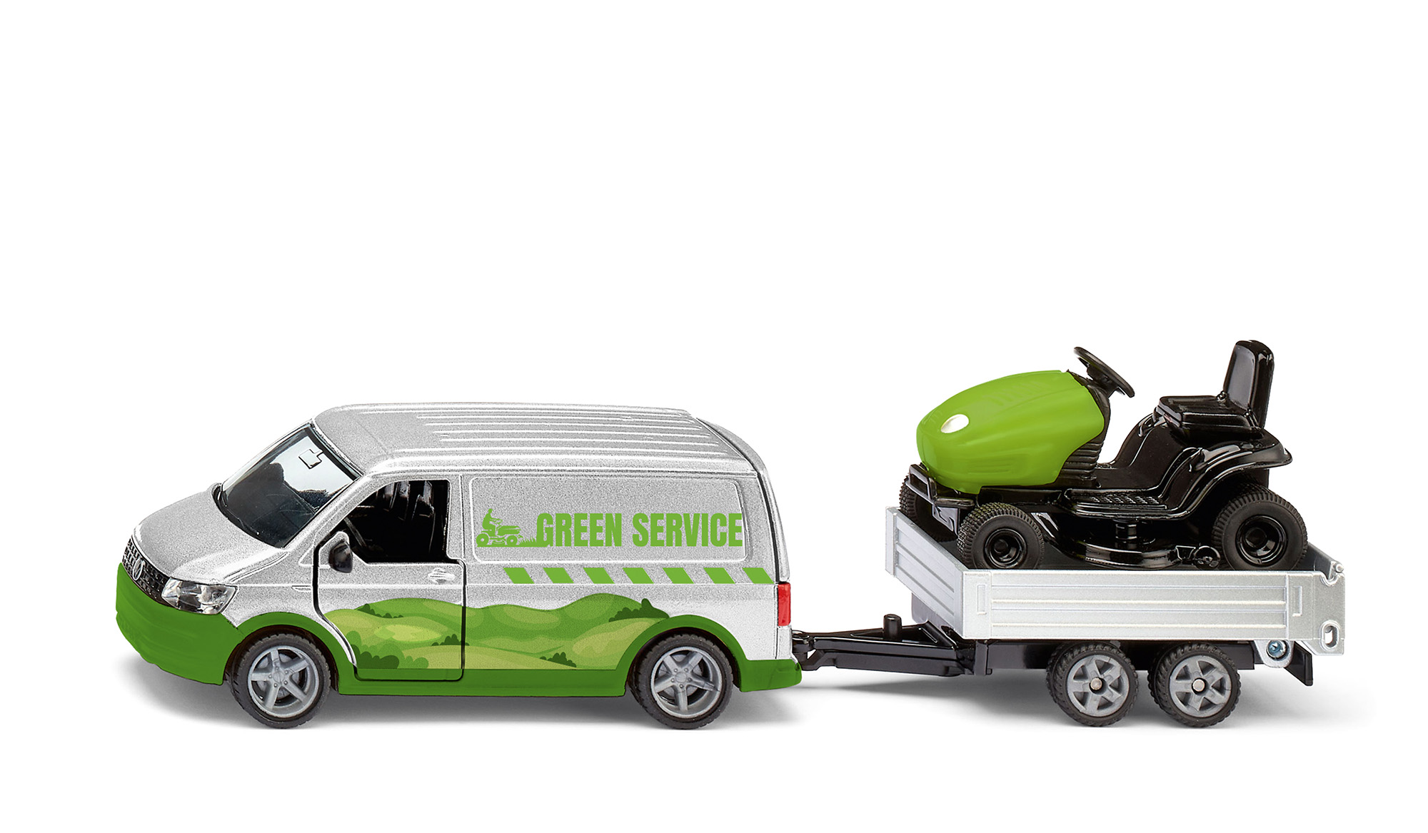 00000 VW T6 Transporter Kastenwagen 2.0 TSI (Modell 2015-2019) mit Tandem-Rückwärtskipper und Rasentraktor MTD YaRD-MaN, silber und grün/schwarz, SIKU SUPER 1:50, L17mpK