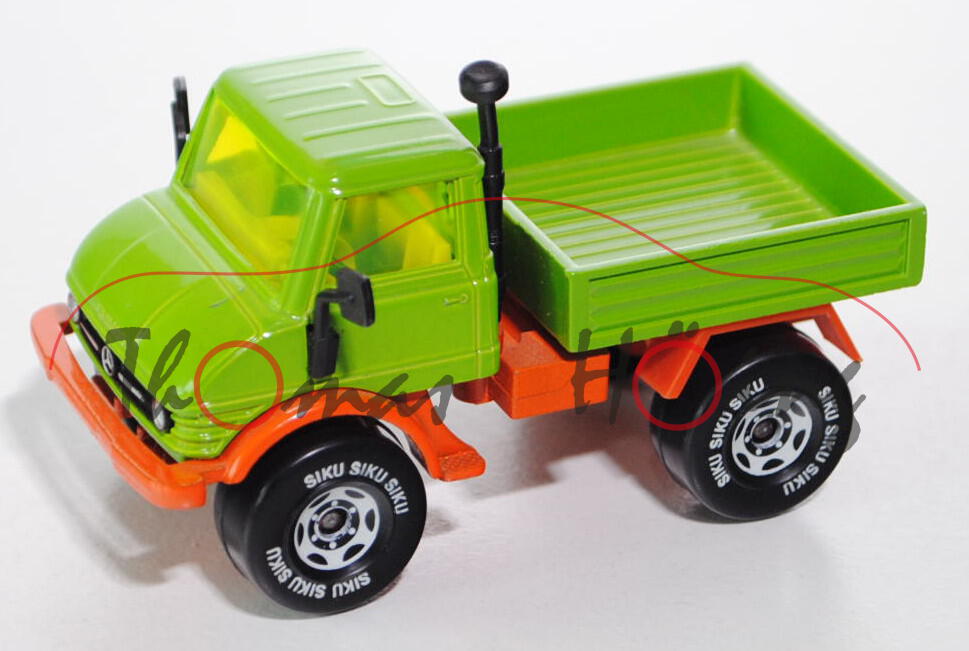 Unimog U 406, Modell 1963-1989, gelbgrün/rotorange, ohne Gelblichter, Lenkrad schwarz, LKW7, P14h oh