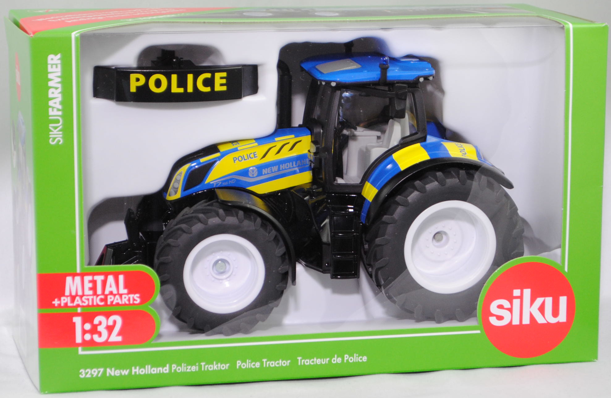 00000 New Holland T7.315 HD AC New Generation (2. Generation, Modell 2021-) Polizei Traktor, hell-signalblau/mattschwarz, POLICE, SIKU FARMER 1:32, L17mpK
