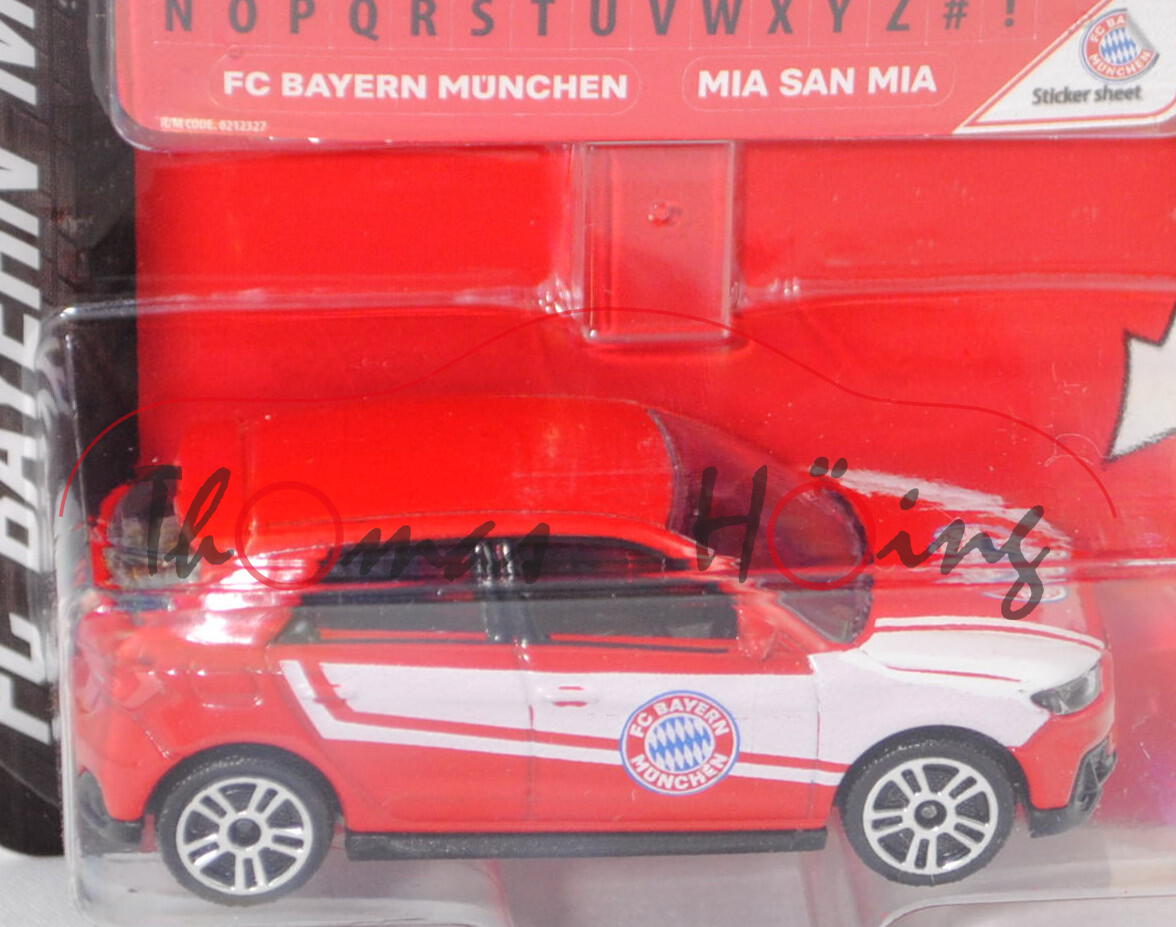 Audi A1 Sportback S line (Typ GB, Mod. 2018-), rot, Sticker 2 FC BAYERN MÜNCHEN, majorette, 1:56, mb