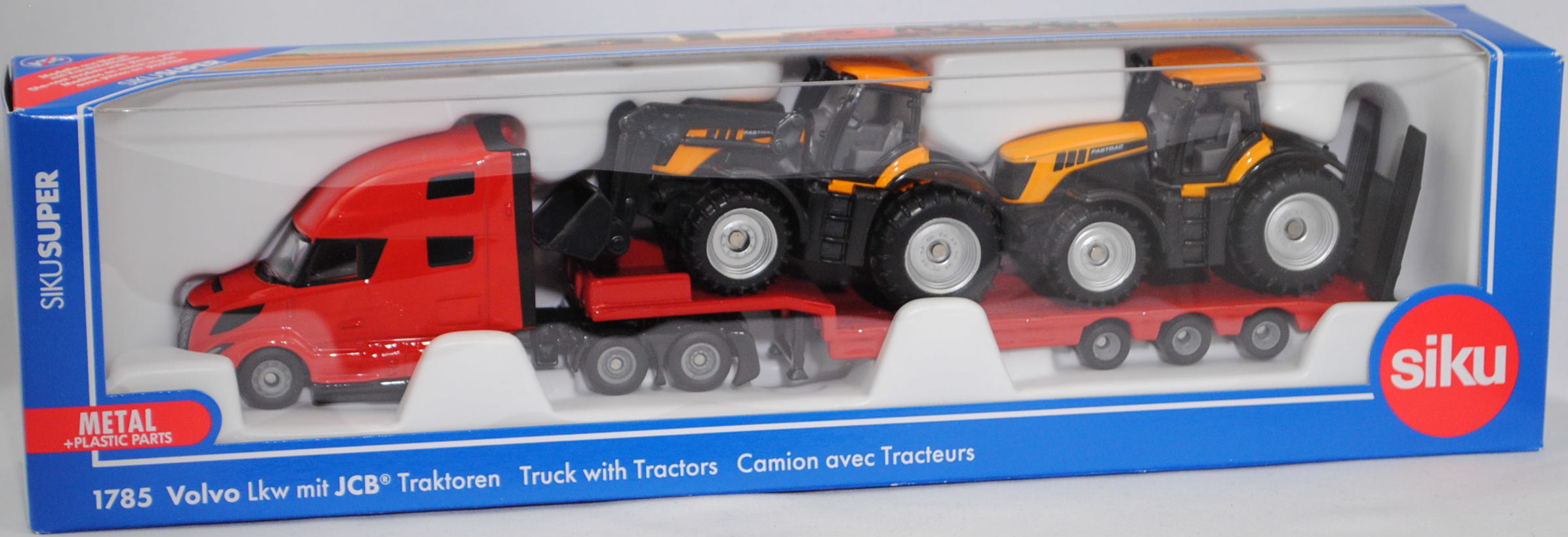 00000 Volvo VNL 860 (2. Generation, Modell 2024-) und Tieflader mit Ladegut JCB® 8250 V-TRONIC FASTRAC, rot/schwarz und melonengelb/schwarz, SIKU SUPER 1:87, L17mpK