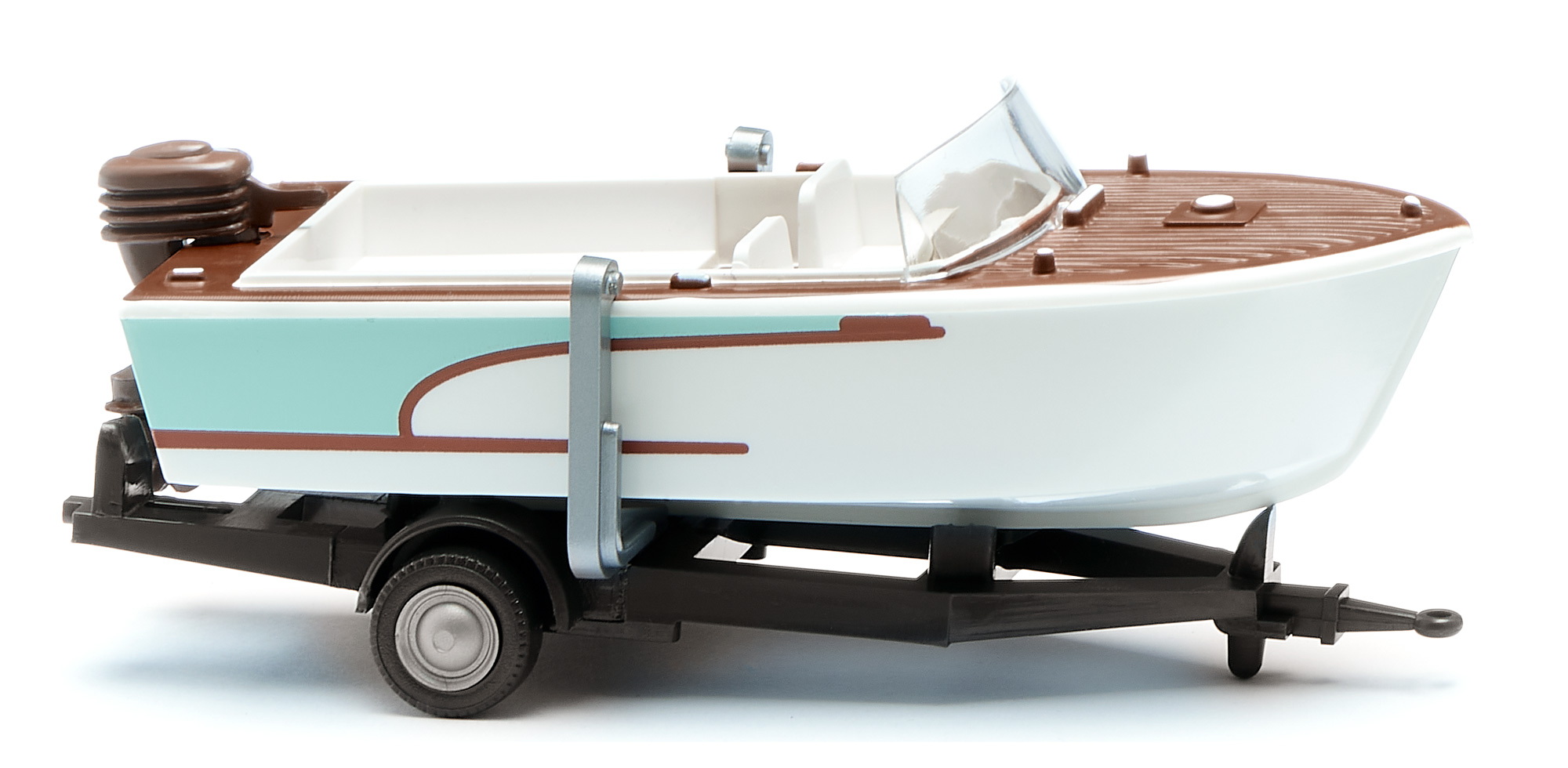 Motorboot auf Anhänger (Modell 1961-1965), Bootsanhänger: Fahrgestell mit Deichsel schwarzgrau, Halterung silber; Motorboot: Deckteil weiß, Wiking, 1:87, mb