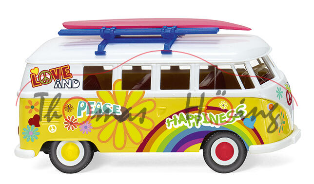 VW Transporter Kleinbus 1500 (Typ 2 T1, Mod. 1963-1967), weiß/gelb, Flower-Power, Wiking, 1:87, mb