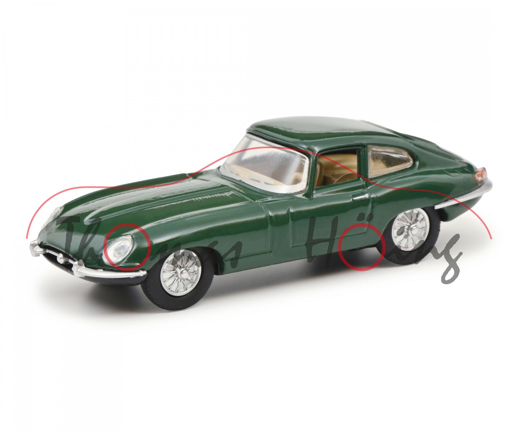 Jaguar E-Type Coupé 3.8 Liter (Serie 1, FHC = Fixed-Head Coupé, Mod. 61-64), grün, Schuco, 1:64, mb