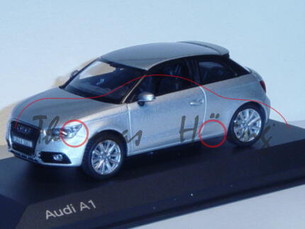 Audi A1, Mj. 2010, eissilber, Kyosho Corporation, 1:43, Werbeschachtel