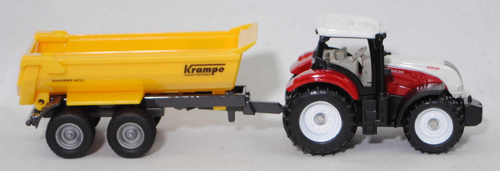 00000 Steyr 6230 CVT ecotech (5. Generation, Modell 2011-2015) mit Krampe Halfpipe Tandem Erdbaukipper HP 20 (Modell 1999-), weiß/rot und gelb/grau, SIKU SUPER, P29f