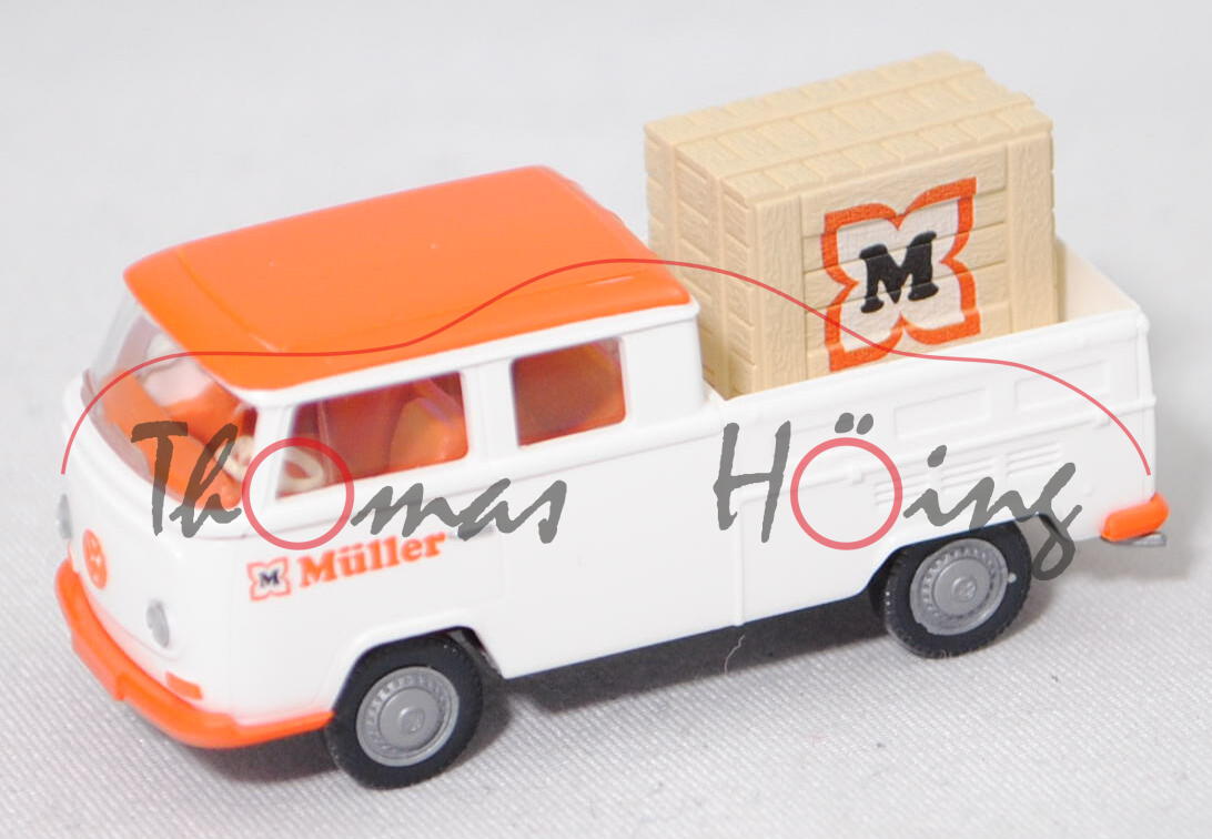 VW DoKa Doppelkabine Pritschenwagen (Typ 2 T2a, Mod. 67-71), weiß/orange, Müller, Wiking, 1:87, mb