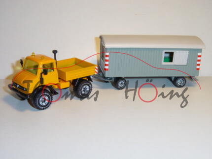 Mercedes Unimog U 406 mit Bauwagen, melonengelb/grau, 2 Gelblichter, LKW10/B5, L10