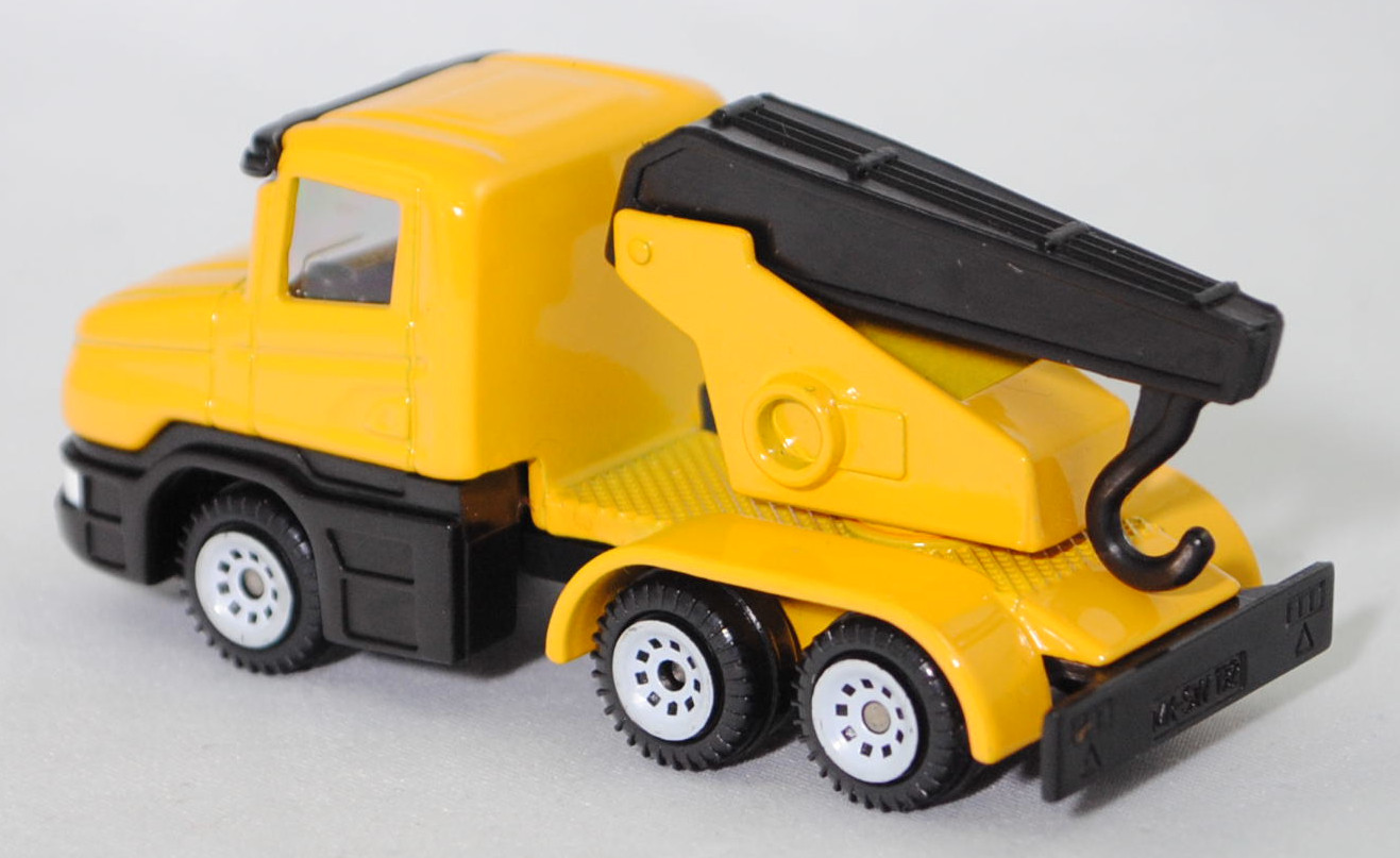 00002 Scania T114GB 6x4 NZ 340 (Serie 4, Fahrerhaustyp CT14, Modell 1995-1998) Abschleppwagen, gelb, Ausleger mit Abschlepphaken schwarz, C1 weiß, SIKU SUPER, 1:86, m