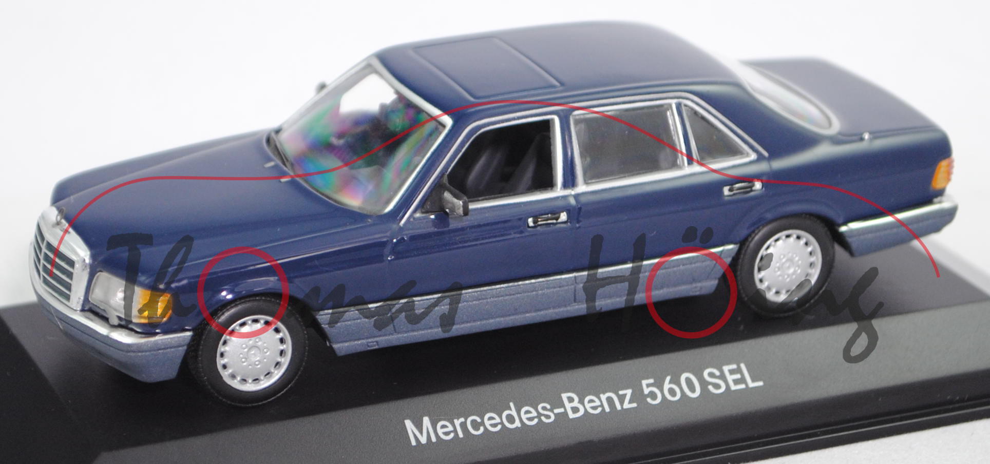 Mercedes-Benz 560 SEL (W 126, 2. Serie, Mod. 1989-1991), dunkelblau uni, Minichamps, 1:43, Werbebox