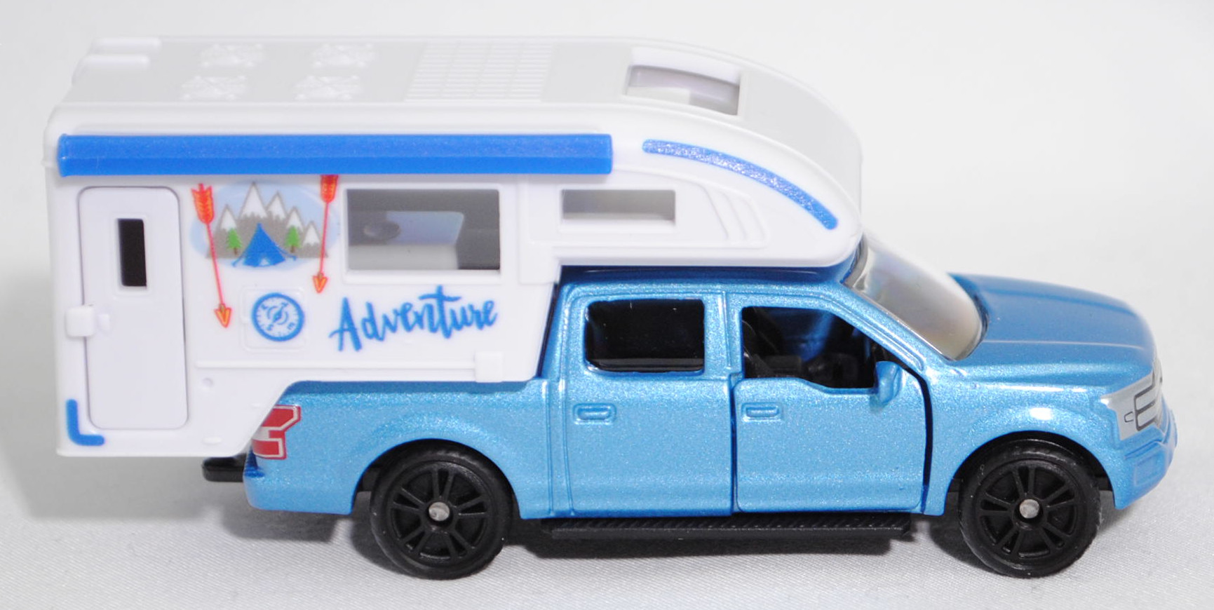 00000 Ford F-150 LARIAT STANDARD V8 SuperCrew mit 5,5 Ft Ladefläche (P552, Modell 2018-2020) mit Pick-Up-Wohnkabine, hell-brillantblaumetallic, SIKU SUPER, 1:71, P29f