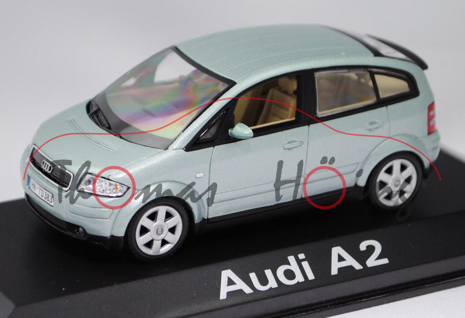 Audi A2 (Typ 8Z, Modell 2000-2005), islandgrün metallic, Minichamps, 1:43, Werbeschachtel (alt)