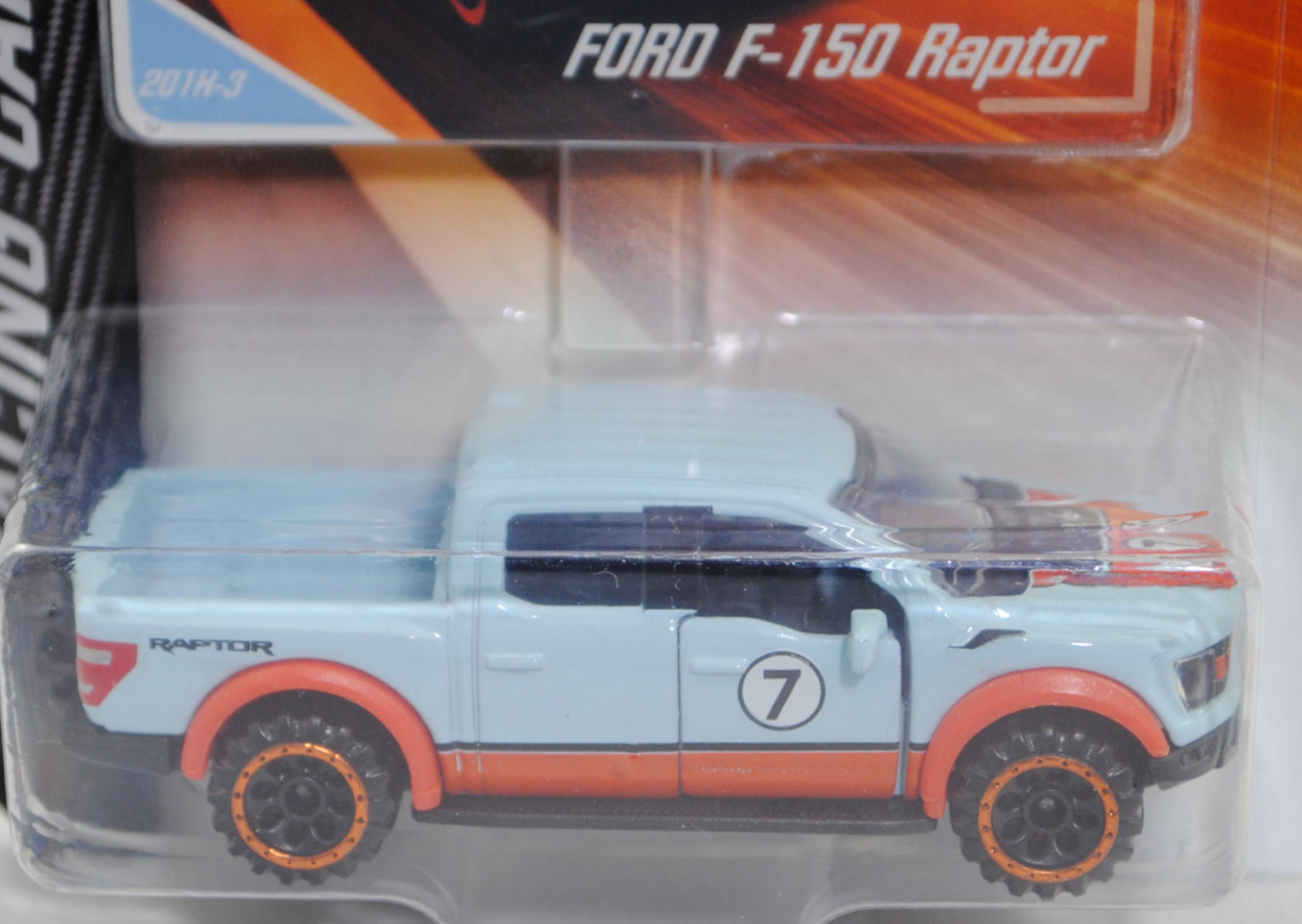 Ford F-150 RAPTOR SuperCrew (Typ P702, Modell 2021-), lichtblau, Nr. 7, Nr. 201H-3, majorette, 1:74, Blister