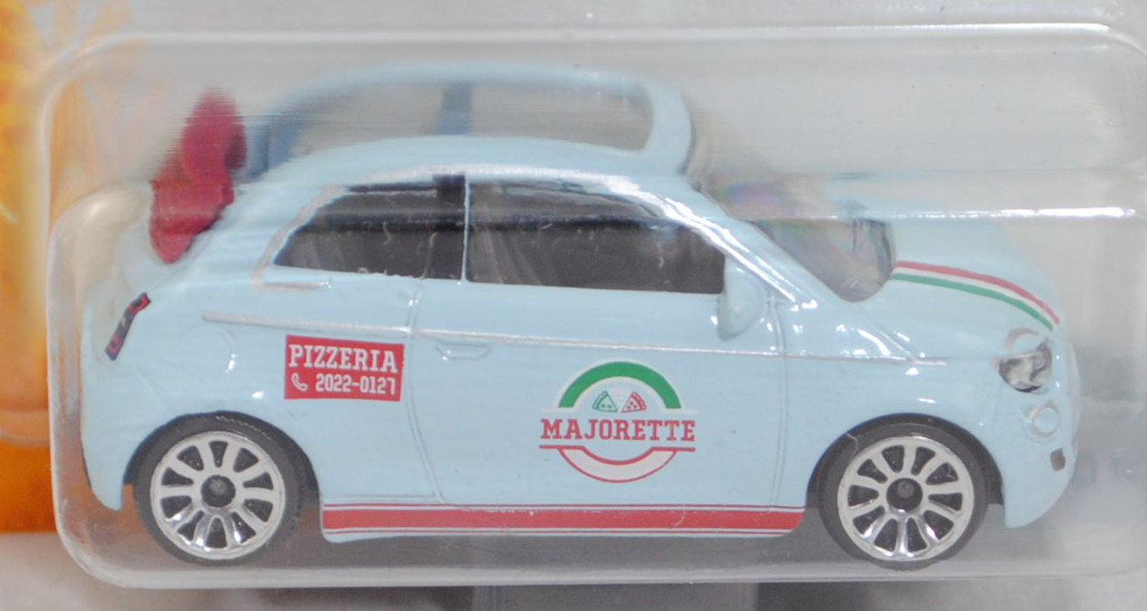 Neuer FIAT 500e Icon Cabrio (FA1, Modell 2020-2022) (Nr. 286E), blass-lichtblau, PIZZERIA / C 2022-0121 / MAJORETTE, majorette, 1:55, Blister (CITY CARS)