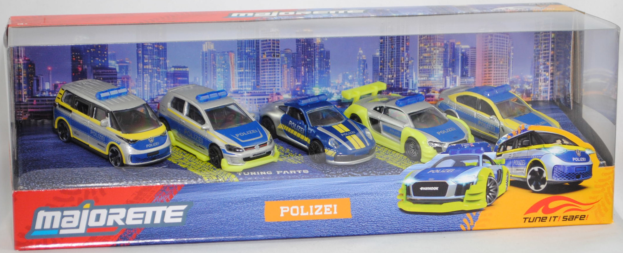 Giftpack POLIZEI Tune it Safe: VW ID. Buzz Pro + VW Golf VII GTI + Porsche 911 Carrera S Coupé + Audi R8 Coupé V10 + BMW M3 Limousine, silber, majorette, mb (POLIZEI)