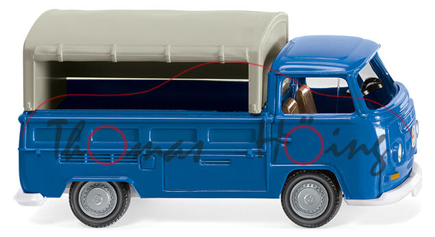 VW T2a Pritsche mit Plane (Typ 2 T2, Modell 1967-1971, Baujahr 1967), enzianblau/weiß, Plane grau