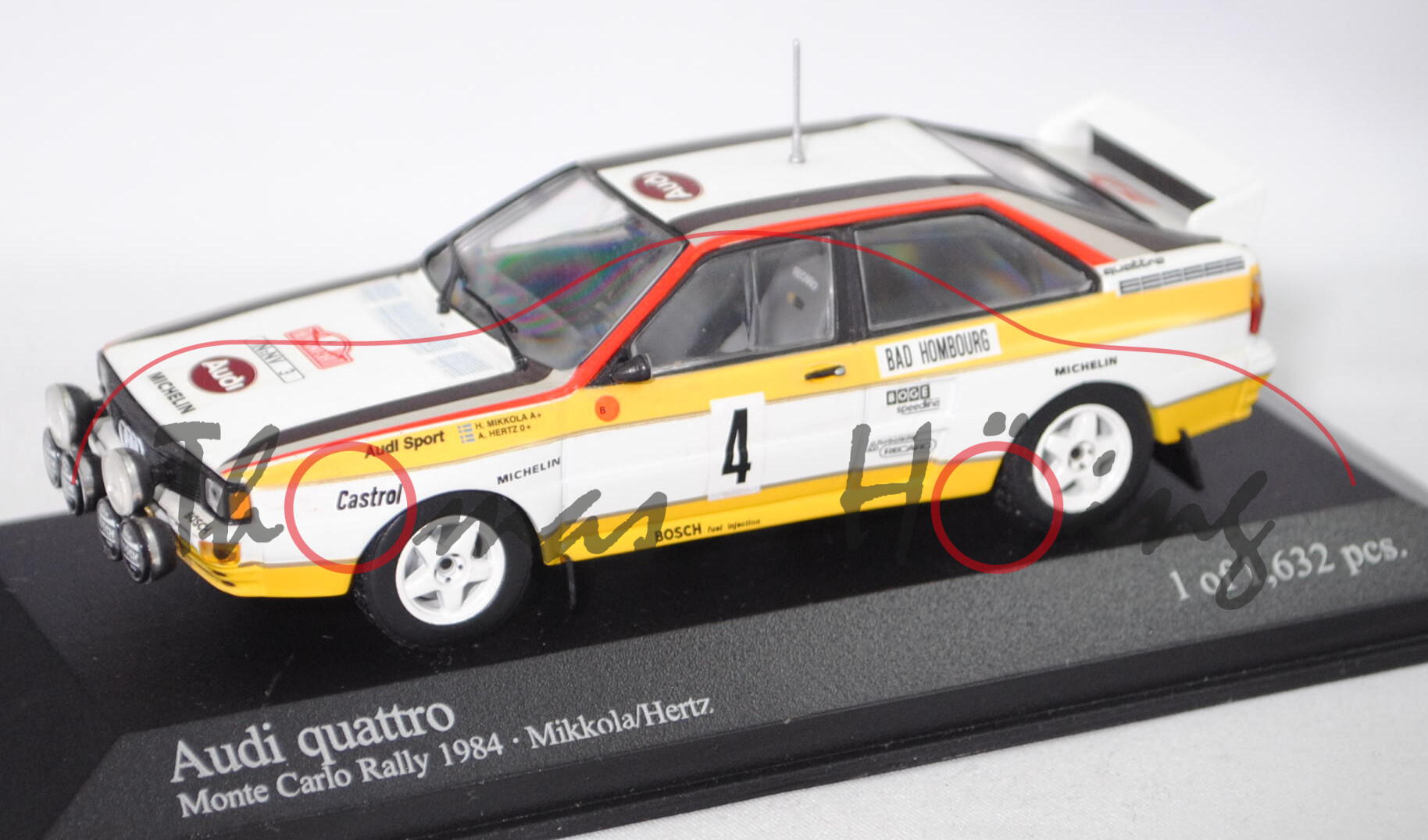 Audi quattro A2 Gruppe B, Rallye Monte Carlo 1984, Mikkola / Hertz, Nr. 4, Minichamps, 1:43, PC-Box